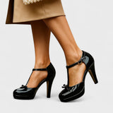 Hannah | Women's T-Strap Heeled Pumps with Elegant Bow Detail
