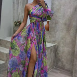 Poppy | Women's One-Shoulder Floral Maxi Dress with Side Split