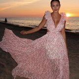 Grace | V-Neck Wrap Long Floral Dress with Ruffles