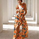 Grace | V-Neck Wrap Long Floral Dress with Ruffles