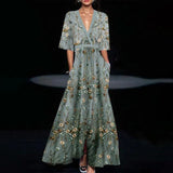 Ruby | Long Floral Dress with Deep V-Neck and Pockets