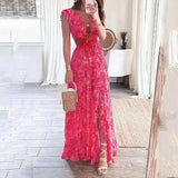 Amelia | Elegant V-Neck Long Floral Dress with Cut-Out Details