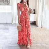 Amelia | Elegant V-Neck Long Floral Dress with Cut-Out Details