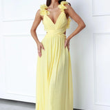 Daisy | V-Neck Long Dress with Floral Shoulder Details