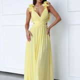Daisy | V-Neck Long Dress with Floral Shoulder Details