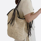 Phoebe | Woven Straw Shoulder Bag with Fringe Details