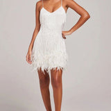 Women's Beaded Fringe Mini Dress with Feather Hem – Spaghetti Strap Party & Cocktail Dress