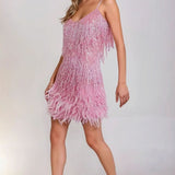 Women's Beaded Fringe Mini Dress with Feather Hem – Spaghetti Strap Party & Cocktail Dress