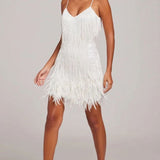 Women's Beaded Fringe Mini Dress with Feather Hem – Spaghetti Strap Party & Cocktail Dress