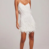 Women's Beaded Fringe Mini Dress with Feather Hem – Spaghetti Strap Party & Cocktail Dress