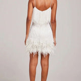 Women's Beaded Fringe Mini Dress with Feather Hem – Spaghetti Strap Party & Cocktail Dress
