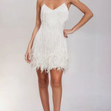 Women's Beaded Fringe Mini Dress with Feather Hem – Spaghetti Strap Party & Cocktail Dress