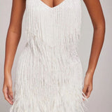 Women's Beaded Fringe Mini Dress with Feather Hem – Spaghetti Strap Party & Cocktail Dress