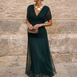 Women's Chiffon Wrap V-Neck Maxi Dress with Flutter Sleeves – Flowing Wedding Guest Dress