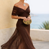Women's Chiffon Wrap V-Neck Maxi Dress with Flutter Sleeves – Flowing Wedding Guest Dress