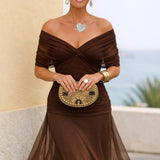 Women's Chiffon Wrap V-Neck Maxi Dress with Flutter Sleeves – Flowing Wedding Guest Dress