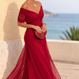 Women's Chiffon Wrap V-Neck Maxi Dress with Flutter Sleeves – Flowing Wedding Guest Dress