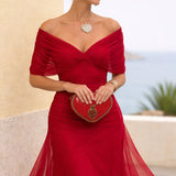 Women's Chiffon Wrap V-Neck Maxi Dress with Flutter Sleeves – Flowing Wedding Guest Dress