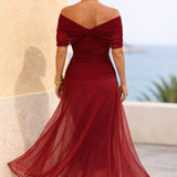 Women's Chiffon Wrap V-Neck Maxi Dress with Flutter Sleeves – Flowing Wedding Guest Dress