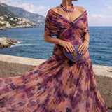 Women's Chiffon Wrap V-Neck Maxi Dress with Flutter Sleeves – Flowing Wedding Guest Dress