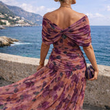 Women's Chiffon Wrap V-Neck Maxi Dress with Flutter Sleeves – Flowing Wedding Guest Dress
