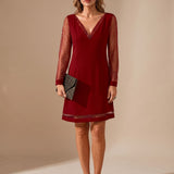 Women's V-Neck Mini Dress with Sheer Glitter Mesh Sleeves – Christmas Dinner & Party Dress