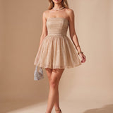 Women's Glitter Strapless Bustier Mini Dress with Pleated Bodice – Christmas Party Dress