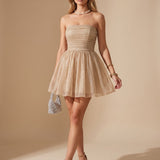 Women's Glitter Strapless Bustier Mini Dress with Pleated Bodice – Christmas Party Dress