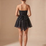 Women's Glitter Strapless Bustier Mini Dress with Pleated Bodice – Christmas Party Dress