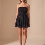 Women's Glitter Strapless Bustier Mini Dress with Pleated Bodice – Christmas Party Dress