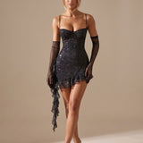 Women's Glitter Ruffle Mini Dress with Sweetheart Bustier and Detachable Gloves – Christmas Party Dress