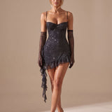 Women's Glitter Ruffle Mini Dress with Sweetheart Bustier and Detachable Gloves – Christmas Party Dress