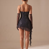 Women's Glitter Ruffle Mini Dress with Sweetheart Bustier and Detachable Gloves – Christmas Party Dress