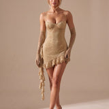 Women's Glitter Ruffle Mini Dress with Sweetheart Bustier and Detachable Gloves – Christmas Party Dress