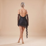 Women's Glitter Bustier Mini Dress with Ruffle Hem and Detachable Glove Sleeves – Party Dress