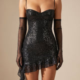 Women's Glitter Bustier Mini Dress with Ruffle Hem and Detachable Glove Sleeves – Party Dress
