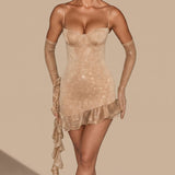 Women's Glitter Bustier Mini Dress with Ruffle Hem and Detachable Glove Sleeves – Party Dress