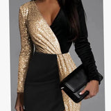Women's Black and Gold Sequin Colour-Block Midi Dress with Long Sleeves and Slit – Party Dress