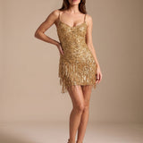 Women's Gold Sequin Fringe Mini Dress with Spaghetti Straps – Sparkly Party Dress