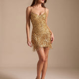 Women's Gold Sequin Fringe Mini Dress with Spaghetti Straps – Sparkly Party Dress
