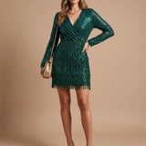Women's Long Sleeve Sequin Wrap Mini Dress with Tiered Fringe Skirt – Christmas Party Dress
