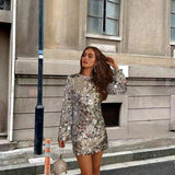 Women's Silver Long Sleeve Sequin Mini Dress – Round Neck Disc Sequin Party Dress