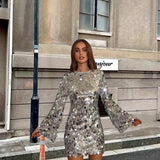 Women's Silver Long Sleeve Sequin Mini Dress – Round Neck Disc Sequin Party Dress