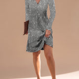 Women's Sequin V-Neck Mini Dress with Long Sleeves – Relaxed Shimmer Christmas Party Dress