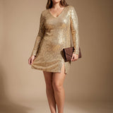 Women's Sequin V-Neck Mini Dress with Long Sleeves – Relaxed Shimmer Christmas Party Dress