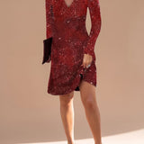 Women's Sequin V-Neck Mini Dress with Long Sleeves – Relaxed Shimmer Christmas Party Dress