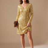 Women's Sequin V-Neck Mini Dress with Long Sleeves – Relaxed Shimmer Christmas Party Dress