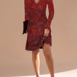 Women's Sequin V-Neck Mini Dress with Long Sleeves – Relaxed Shimmer Christmas Party Dress