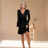 Women's Long Sleeve V-Neck Sequin Mini Dress – Relaxed Fit Sparkly Evening Dress