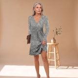 Women's Long Sleeve V-Neck Sequin Mini Dress – Relaxed Fit Sparkly Evening Dress